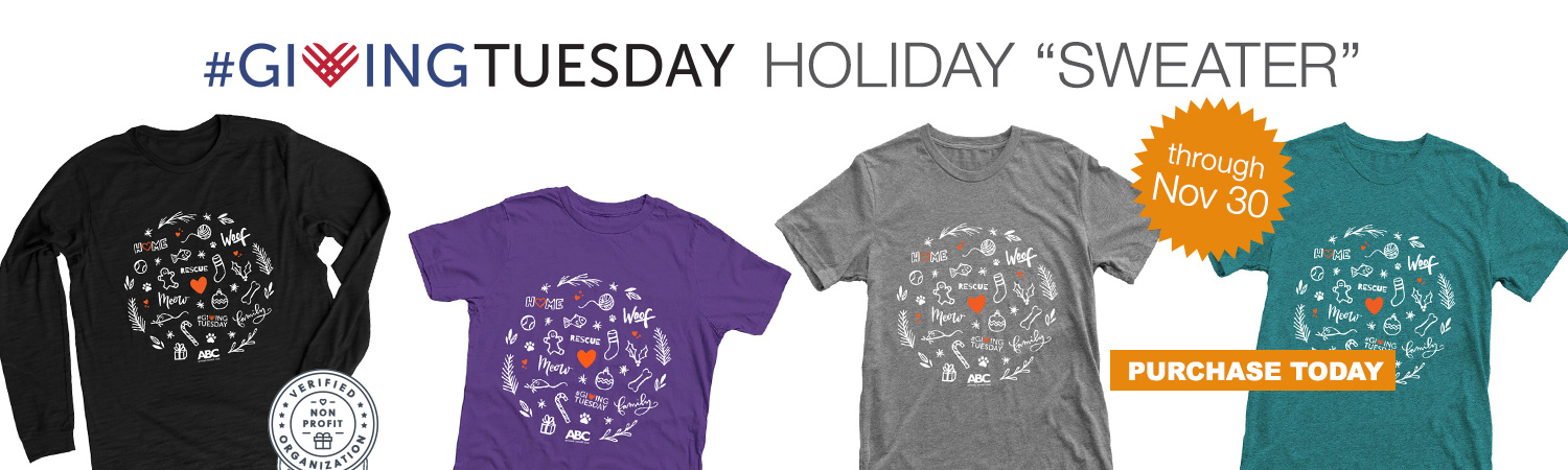 Support ABC while celebrating rescue cats & dogs when you purchase one of our fun pet-themed shirts.